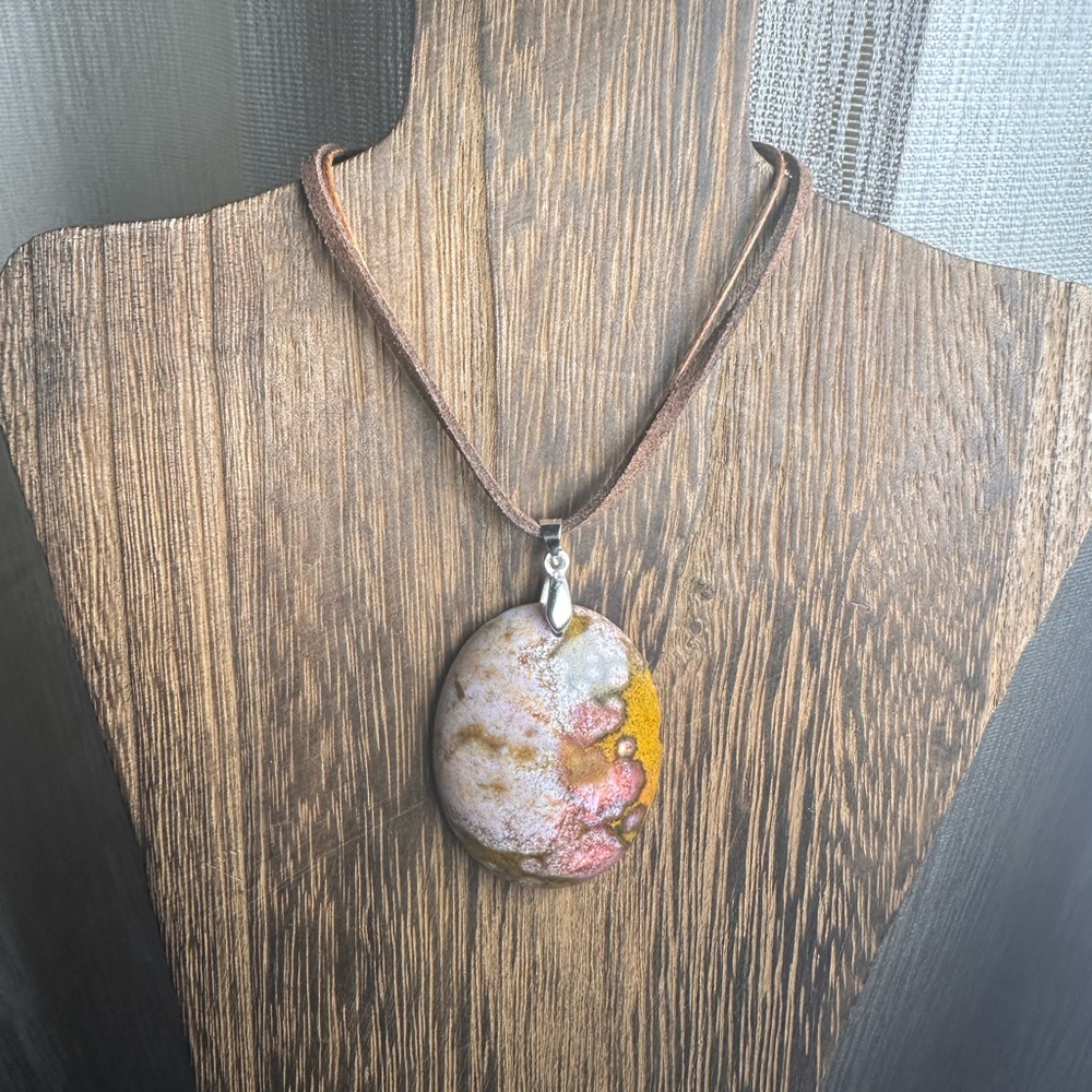 Ocean Jasper Oval Pendant Necklace on Brown Faux Suede - Picture 6 of 15
